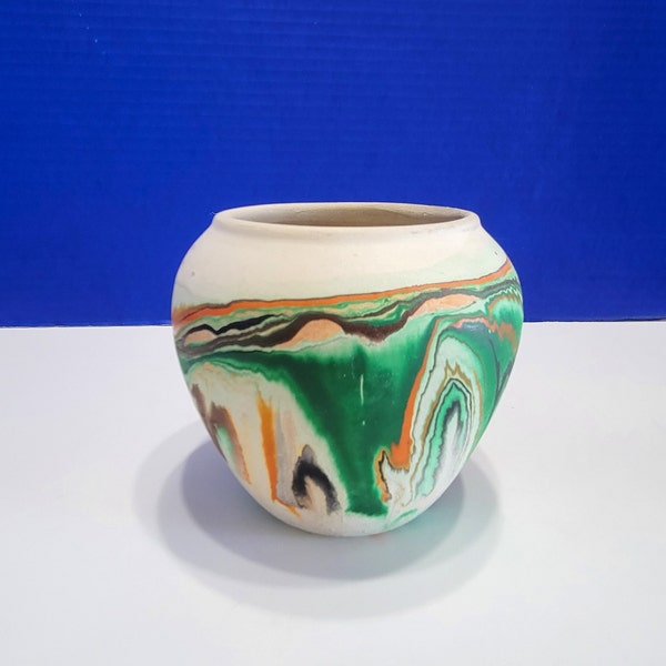 Vintage Nemadji Pottery Round Vase Green Swirl Southwestern