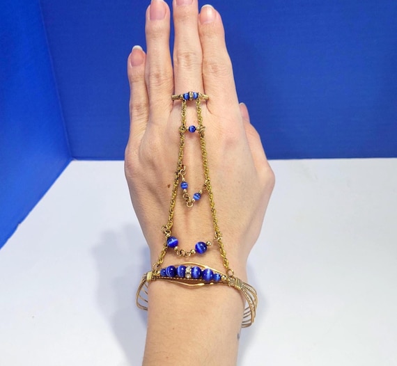 Vintage Dark Blue Beaded Metal Hand Chain Bracelet