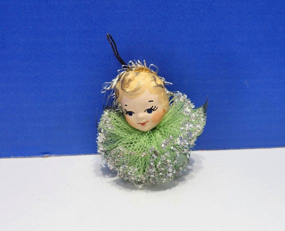Vintage Ceramic Angel Head Christmas Ornament with Green Netting