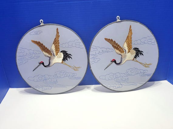 Vintage Asian Silk Embroidery Crane Bird Wall Hangings