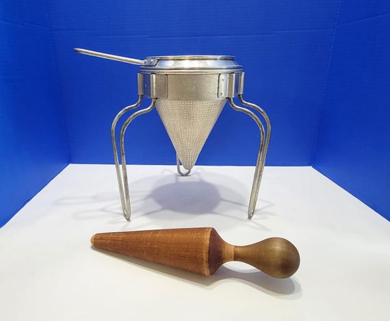 Vintage Aluminum Cone Berry Colander Strainer with Wood Muddler