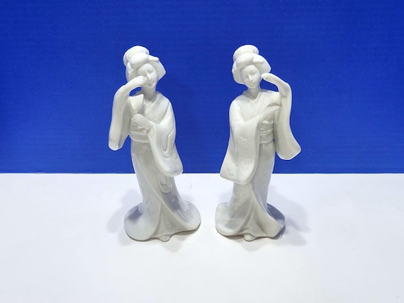 Vintage Homco White Ceramic Asian Geisha Figurine Pair