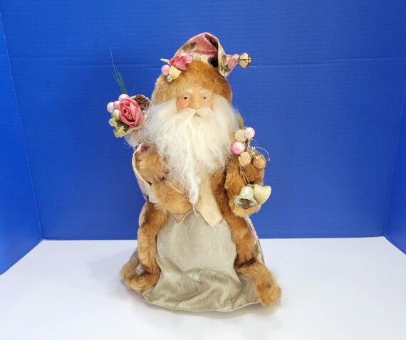 Vintage Santa Claus Tree Topper with Pink Roses 14"