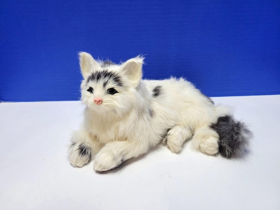 Vintage Large Realistic Gray and White Spotted Fur Cat Figurine