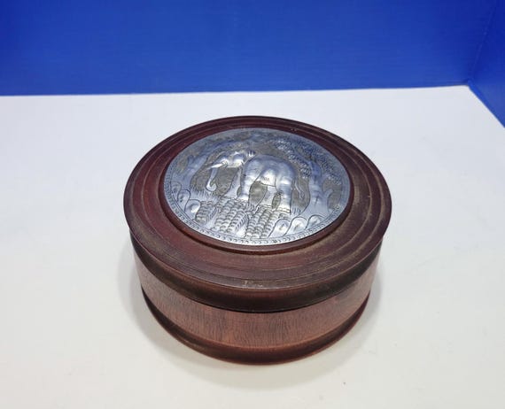 Vintage Thai Round Wood Box with Metal Elephant on Lid