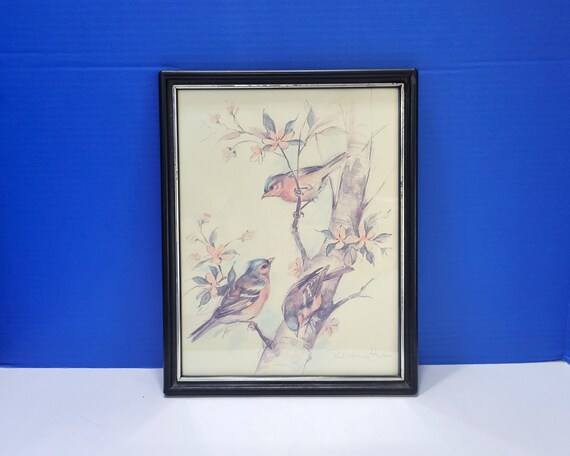 Vintage Paul Whitney Hunter Pastel Birds in Tree Print Framed 12 x 9.5