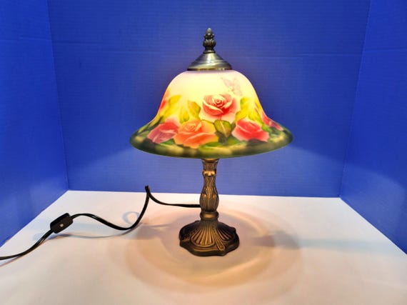 Vintage Bronze Colored Table Lamp with Frosted Rose Glass Lamp Shade