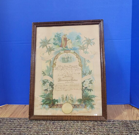 Antique 1918 German Baptism Certificate Ornate Religious Art in Wood Frame Minnesota