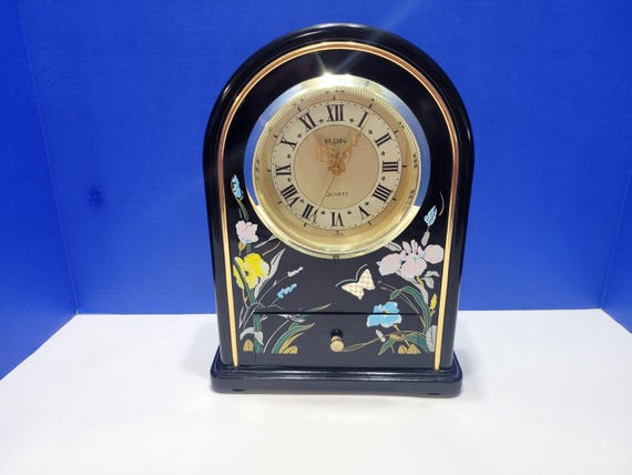 Vintage Elgin Black Lacquer Plastic Mantel Clock with Butterflies