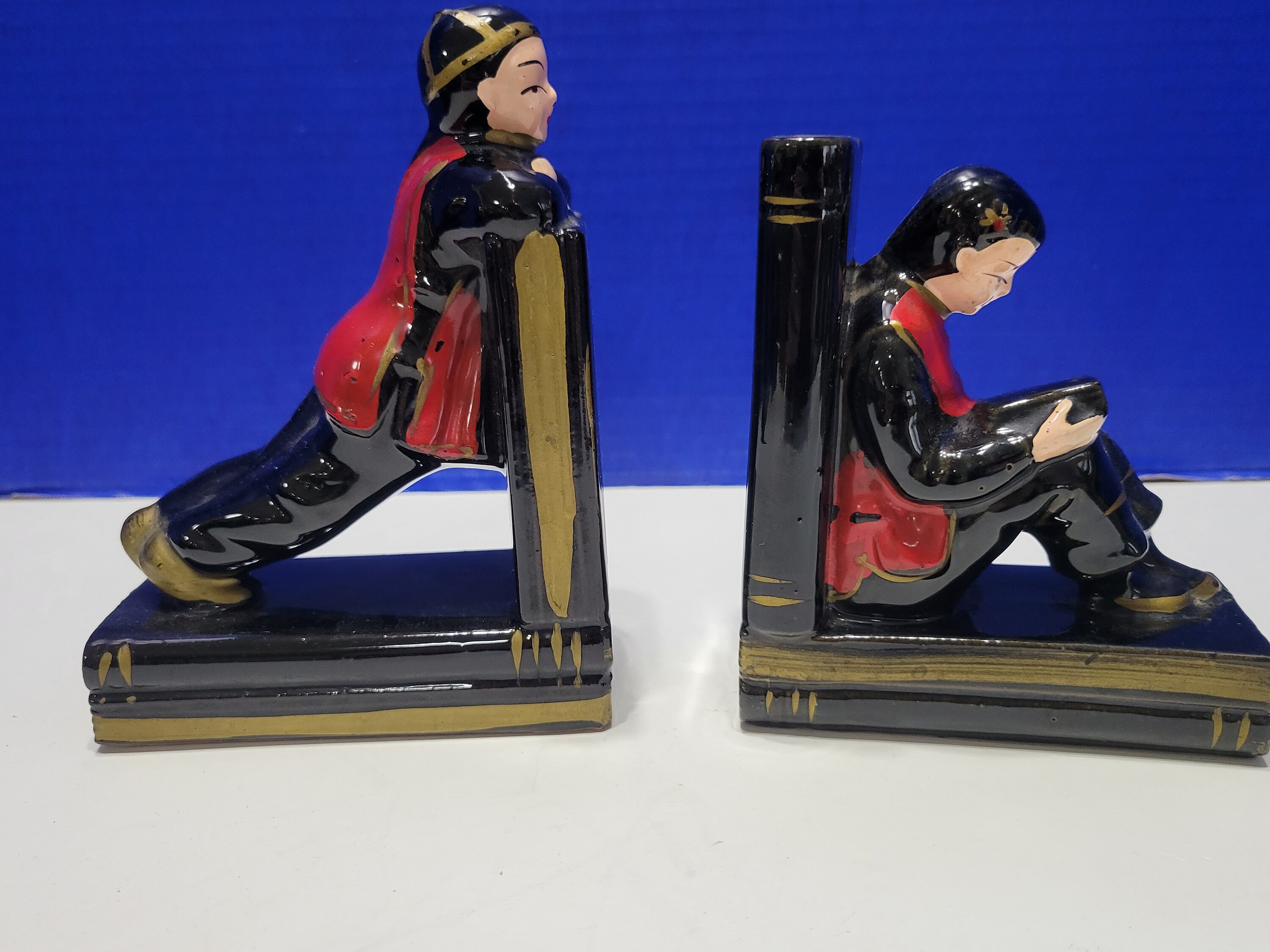 Vintage Enesco Asian Bookends Black and Red Ceramic