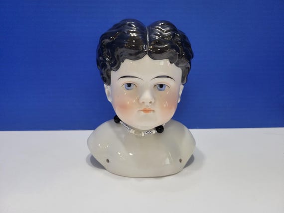 Vintage Large Porcelain China Doll Head with Black Hair