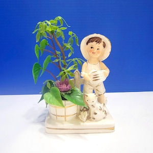 ヴィンテージ ホワイト 陶器 プランター 男の子と猫 日本製