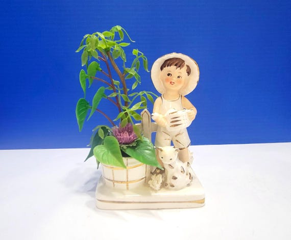 Vintage White Ceramic Planter Boy with Cat Made in Japan