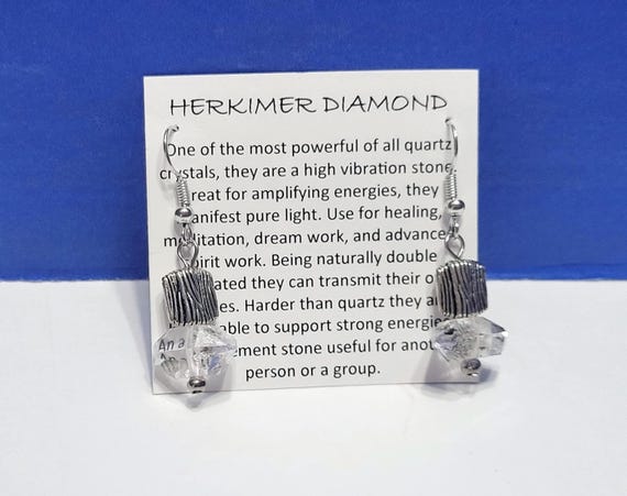 Vintage Herkimer Diamond Natural Quartz Crystal Dangle Drop Earrings