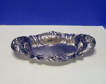 Antique Homan Silverplate Oval Serving Boat Bowl Repousse Flowers