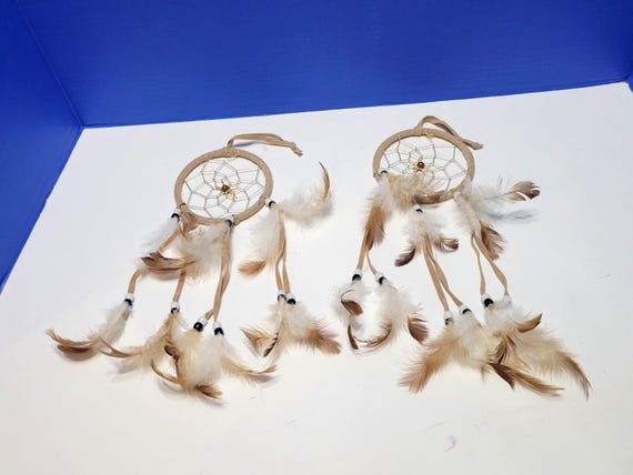 Pair Vintage Tan Feather Dream Catchers