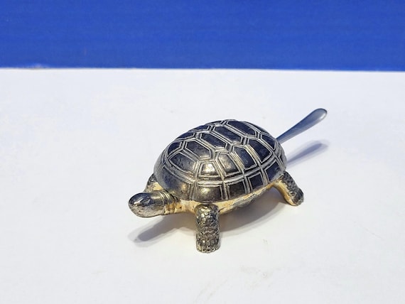 Vintage Metal Turtle Salt Cellar with Spoon