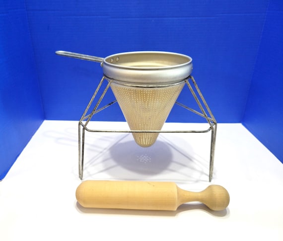 Vintage Aluminum Cone Berry Colander Strainer with Wood Muddler