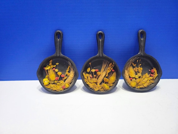 Vintage Miniature Cast Iron Skillets with Dried Flowers Wall Hangings