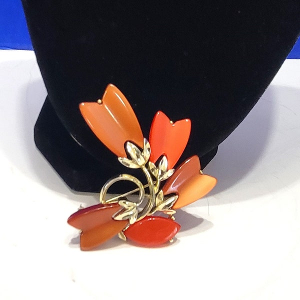 Vintage Lisner Lucite Signed Brooch Coral Flower Pin