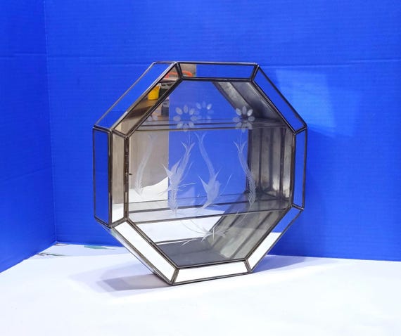 Vintage Large Octagon Glass Mirrored Cabinet with Etched Birds