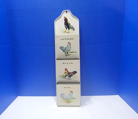Vintage Rooster and Chicken Mail Sorter Metal Wall Hanging