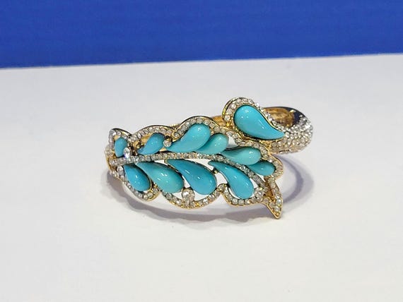 Vintage Turquoise and Rhinestone Costume Clamper Bangle Statement Bracelet