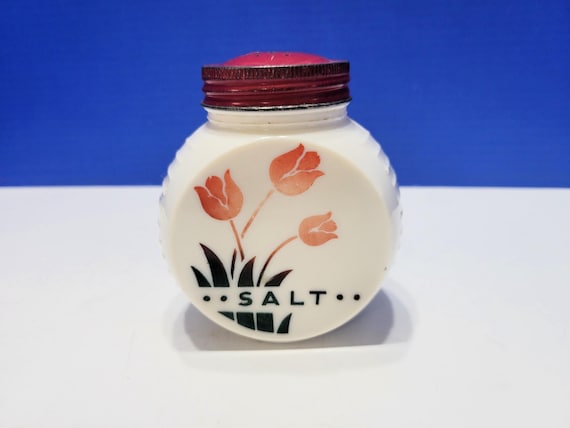 Vintage Fire King Tulip Round Milk Glass Salt Shaker with Red Lid