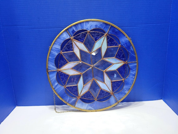 Vintage Large Blue Snowflake Stained Glass Suncatcher
