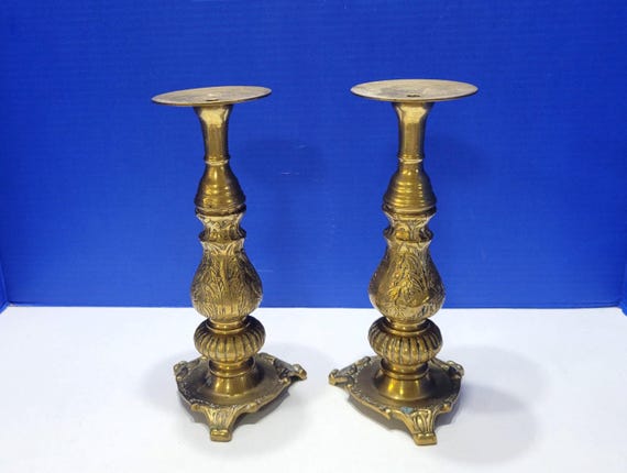 Pair Vintage Large Brass Baroque Candlesticks Footed with Ornate Details