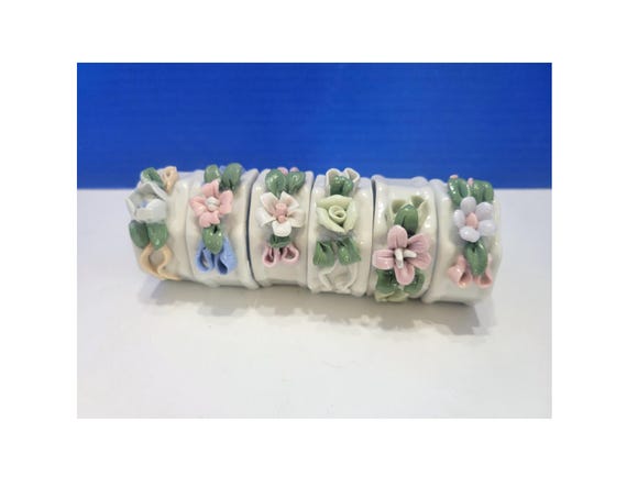 Vintage White Ceramic Raised Flower Napkin Rings Capodimonte Style Set of 6