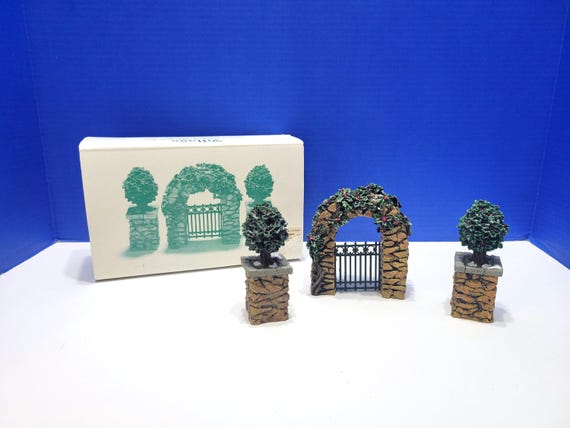 Vintage Department 56 Stone Corner Posts with Holly Tree and Stone Archway