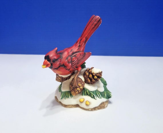 Vintage Ceramic Cardinal on Snowy Pine Cones Figurine