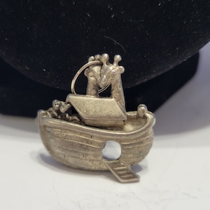 Vintage Noah&#39;s Ark Pendant Silver Tone Metal Signed AJC