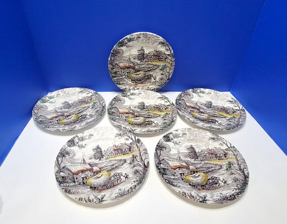6 Vintage Yorkshire Ironstone Salad Plates Staffordshire England Farm Scene 8"