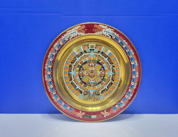 Vintage Aztec Calendar Colorful Enamel Brass Plate