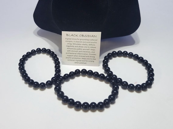 Vintage Black Obsidian Beaded Power Bracelets Set of 3 for Harmony