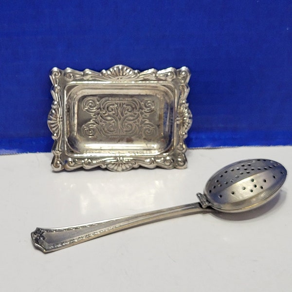 Vintage Silverplate Tea Strainer Spoon with Miniature Tea Bag Tray