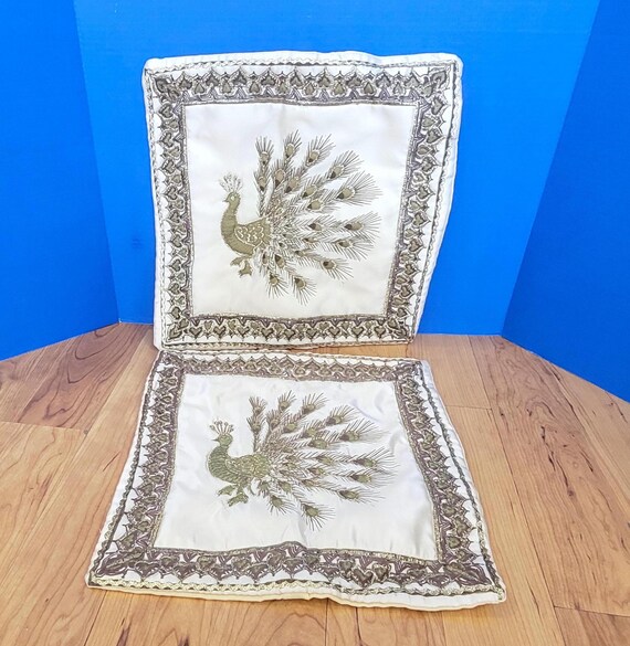 Pair Vintage Shantung Gold Peacock Embroidered Pillow Covers
