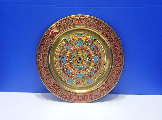 Vintage Aztec Calendar Colorful Enamel Brass Plate