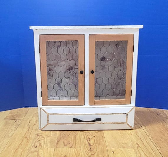 Vintage Primitive Farmhouse White Pie Cabinet Storage with Chicken Wire