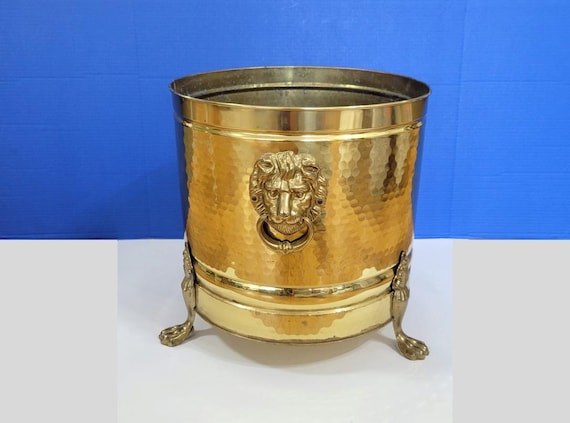 Vintage Large Hammered Brass Planter Lions Head and Claw Feet
