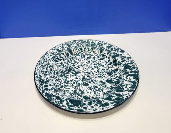 Vintage Green and White Splatter Enamelware Plate