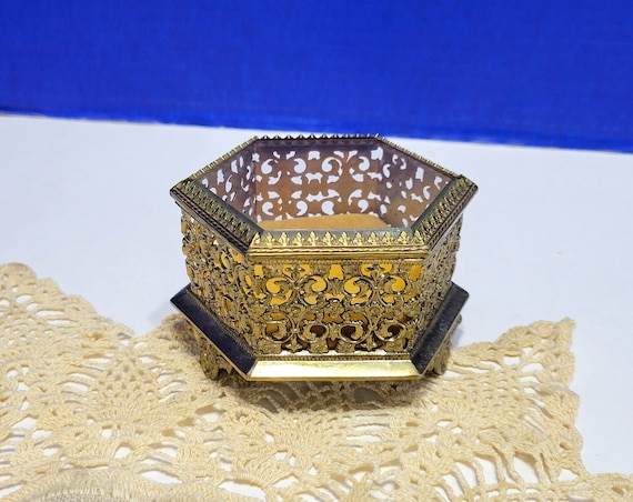 Antique Gold Ormolu Jewelry Box Hexagon with Glas… - image 1