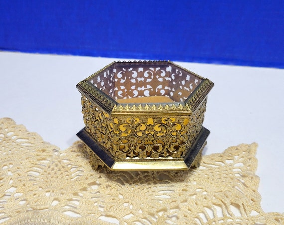 Antique Gold Ormolu Jewelry Box Hexagon with Glas… - image 1