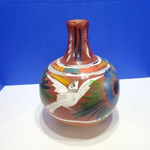 Vintage Mexican Clay Terracotta Pottery Water Jug Painted