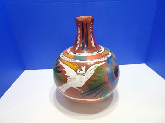 Vintage Mexican Clay Terracotta Pottery Water Jug Painted