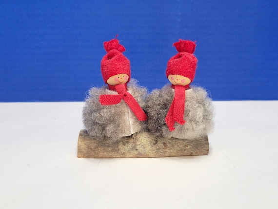 Vintage Handmade Swedish Wooly Tomte Furry Figurine on Log