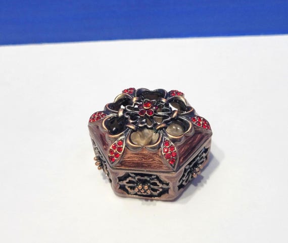 Vintage Hexagon Brown Enamel Trinket Box with Rhinestone Flower
