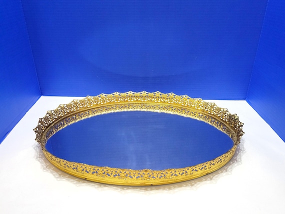 Vintage Oval 24k Gold Plated Ornate Tabletop Dresser Mirror